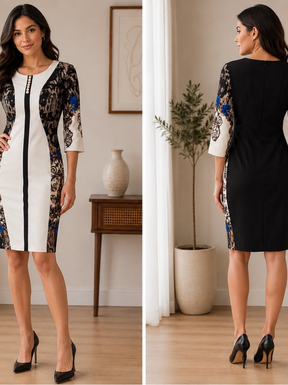 Silver Jeans Black, Ivory & Blue Floral-Accent Midi Sheath Dress